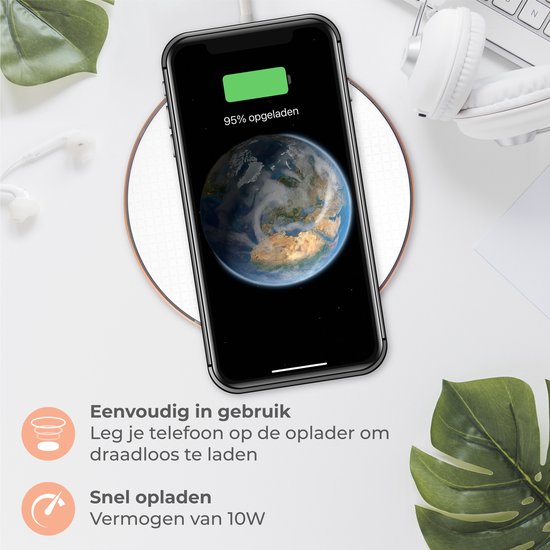 Nuvance - Wireless Charger 10W - Inklusive Kabel - Wireless Charger - Schnelles Ladegerät - Geeignet für alle Qi Smartphones - Weiß und Gold