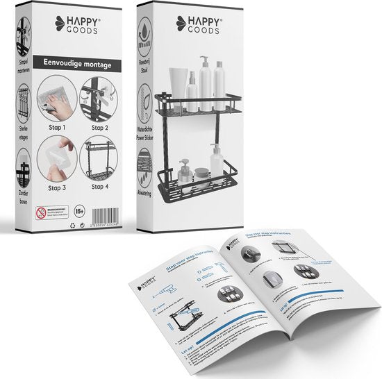 Happy Goods Duschregal - 2-lagiges Duschregal ohne Bohren - Edelstahl - Selbstklebend - Hängendes Duschregal - Badezimmerregal - Badezimmerregal - Duschregale - Schwarz