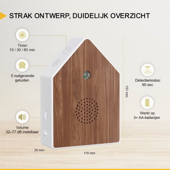 UPLY Birdhouse With Sound - Vogelhaus mit Sensor - 5 Naturgeräusche für Toilette/WC - Bewegungsmelder - Zwitscherbox - Geschenk - Inkl. Befestigung - Weiß - Eiche