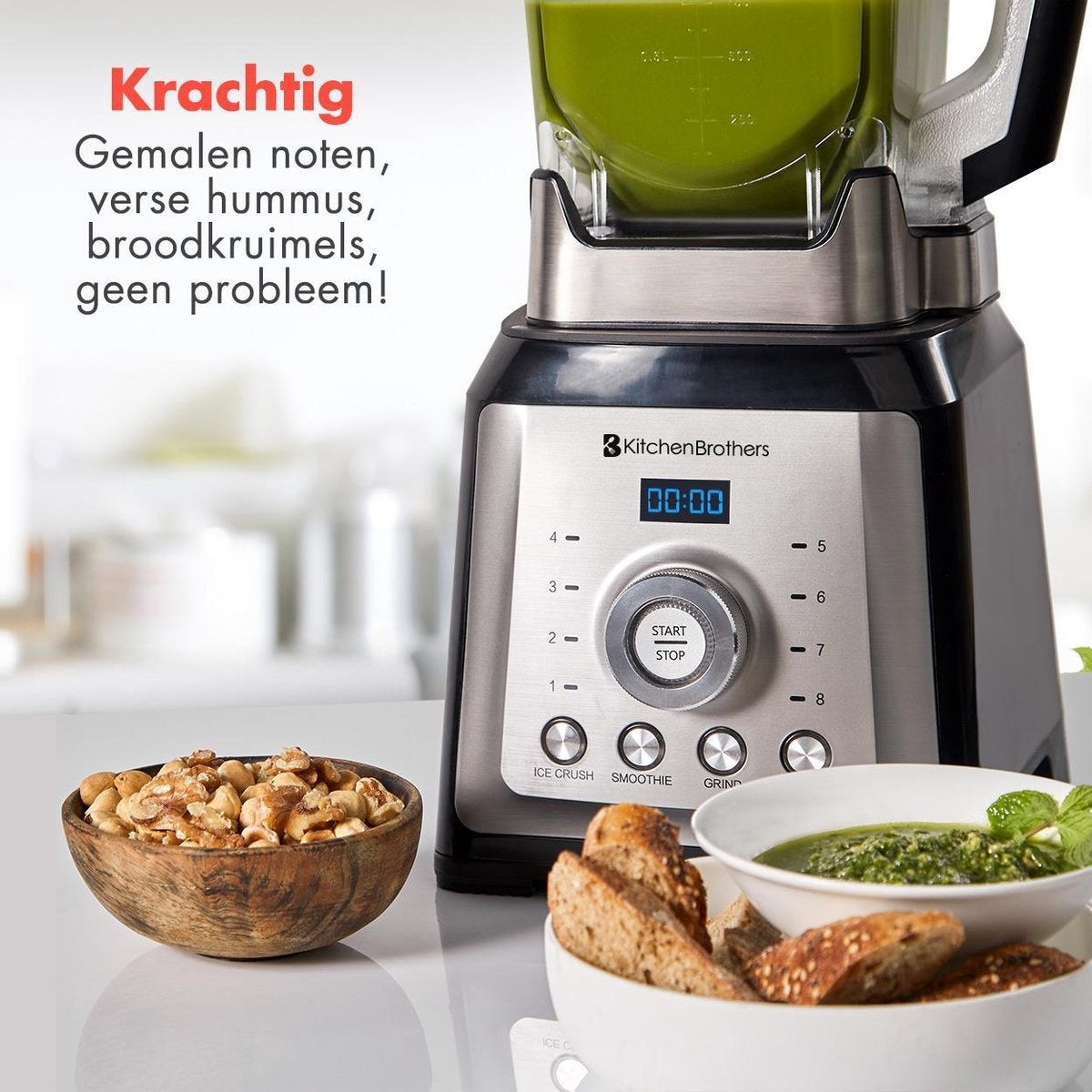 KitchenBrothers - Power Blender - Mixer - 2000W - 2L - Smoothie Maker - 8 Stufen/4 Geschwindigkeiten - Edelstahl