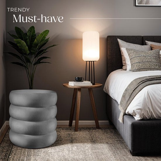 tectake® Hocker mit Ablage - Scandi Hocker Samtstoff - Runder gepolsterter Hocker für Frisiertisch, Schlafzimmer, Wohnzimmer oder als Flurmöbel - Ablagehocker - grau