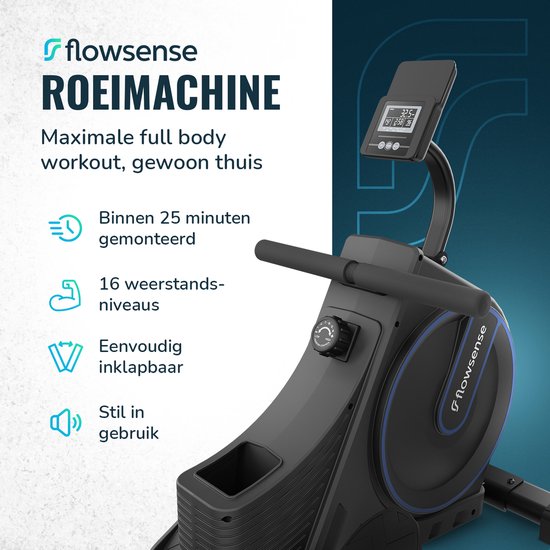 Flowsense Rudergerät - Zusammenklappbares Rudergerät - Geräuschlos - Magnetisches Rudergerät Fitness - Rudertrainer - 16 Widerstandsstufen - LCD Monitor