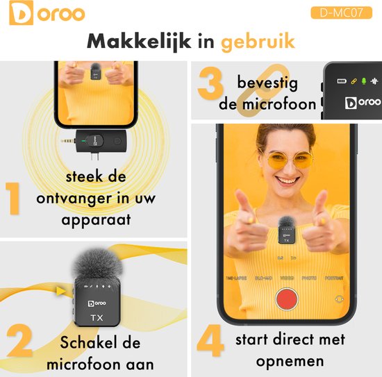 Doroo® Professionelles drahtloses Mikrofon – 2 Stück – Lavalier-Mikrofon – Windschutz – Extra lange Akkulaufzeit – Krawattenklammer – Professionelle Audioqualität – USB-C/Lightning/AUX-Funkmikrofon für iPhone und Android – Plug & Play – Zwei Jahre Garanti