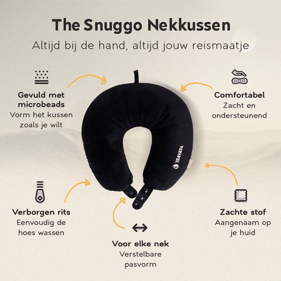 TRAVARA Nackenkissen „The Snuggo“ – Reisekissen mit Mikroperlen für Flugzeug und Auto – Travel Pillow – Schwarz