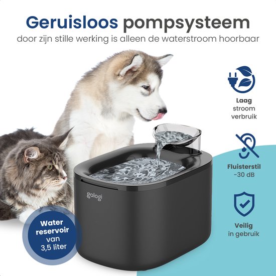 Gologi Trinkbrunnen Katze und Hund - 3.5L - Smart Water Fountain mit App - Katzenbrunnen - Silent - Schwarz