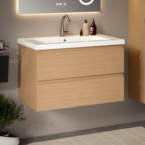 Mirlux Badezimmerschrank in heller Eiche, 80 cm – Waschbecken in Weiß – Badezimmerschrank-Set – Waschbeckenunterschrank in heller Eiche
