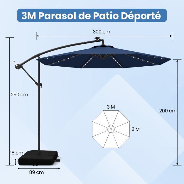5-teiliges Gartenset mit 3 m Schwebeschirm und LED-Beleuchtung – Blau/Grau