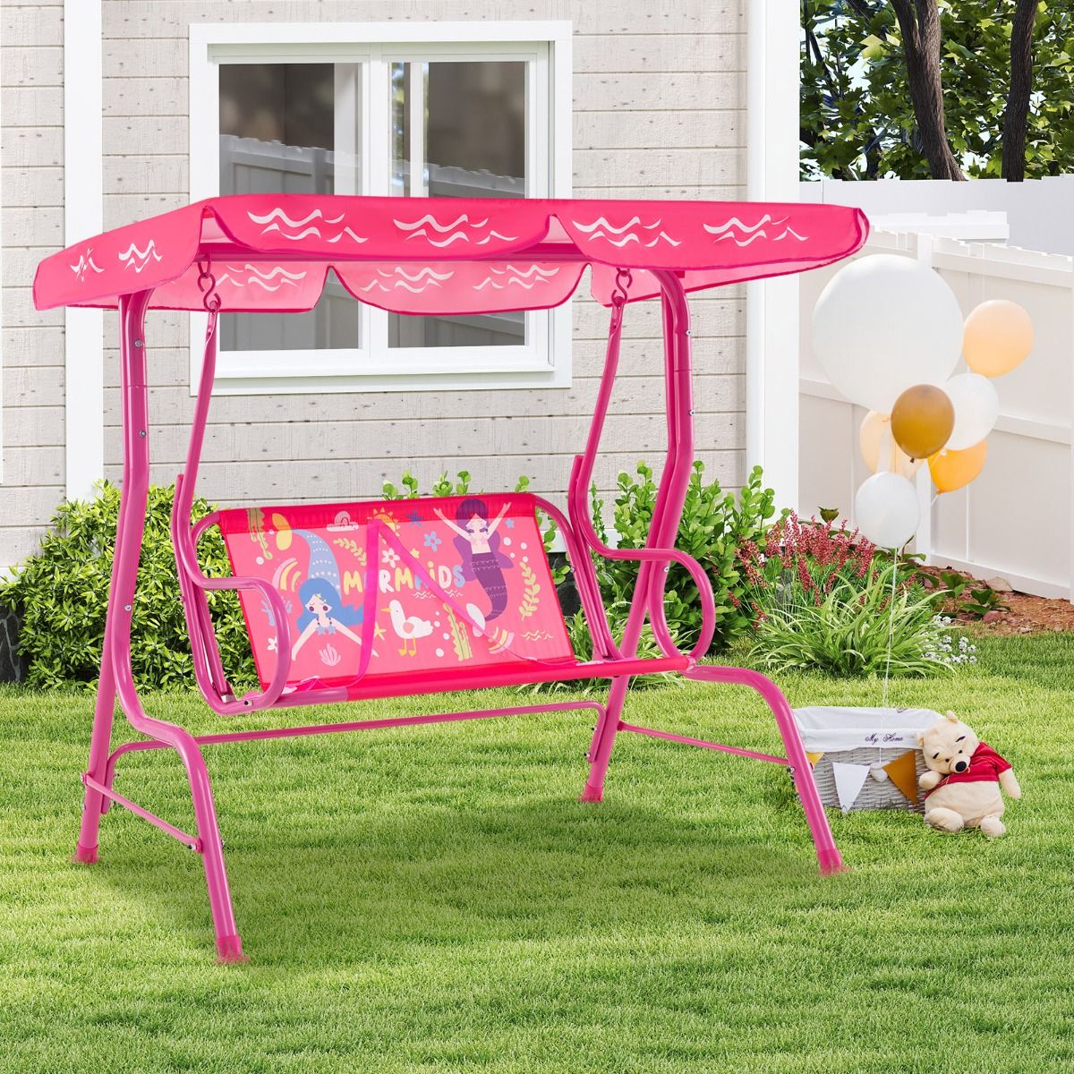 Coast Kinderschaukel 2-Sitzer für Terrasse und Außenbereich, Rosa, 112 x 76,5 x 111 cm, mit Metallgestell, verstellbarem Baldachin und Sicherheitsgurten