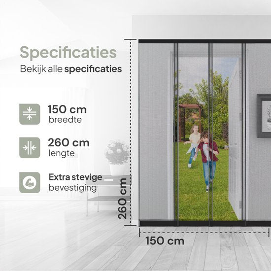 O'DADDY® - Fliegengitter - 150x260 cm - Verstellbares Design - Fiberglas - Schwarz