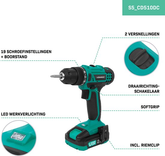 VONROC Akku-Bohrmaschine 20V - 19 Schraubpositionen + Bohrposition - Inkl. 2.0Ah Akku, Schnellladegerät und 46 Zubehörteile im Deluxe-Koffer