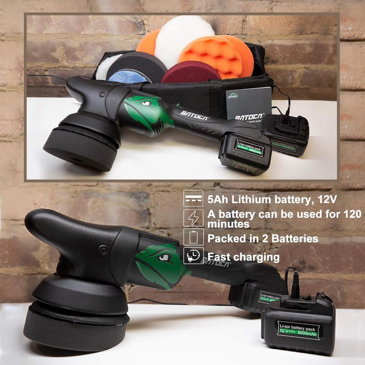 BATOCA S2 Akku-Poliermaschine – 2000–4500 U/min – 8 mm Exzenter – 125 mm – 2 × 5000 mAh Akku