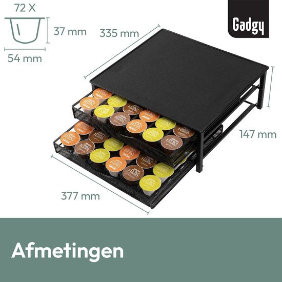 Gadgy Dolce Gusto Kapselhalter mit 2 Schubladen – Kapselhalter mit Schublade – Kaffee-Kapselhalter für 72 Kapseln – Padhalter – Edelstahl – Schwarz – Rutschfest & vibrationsdämpfend