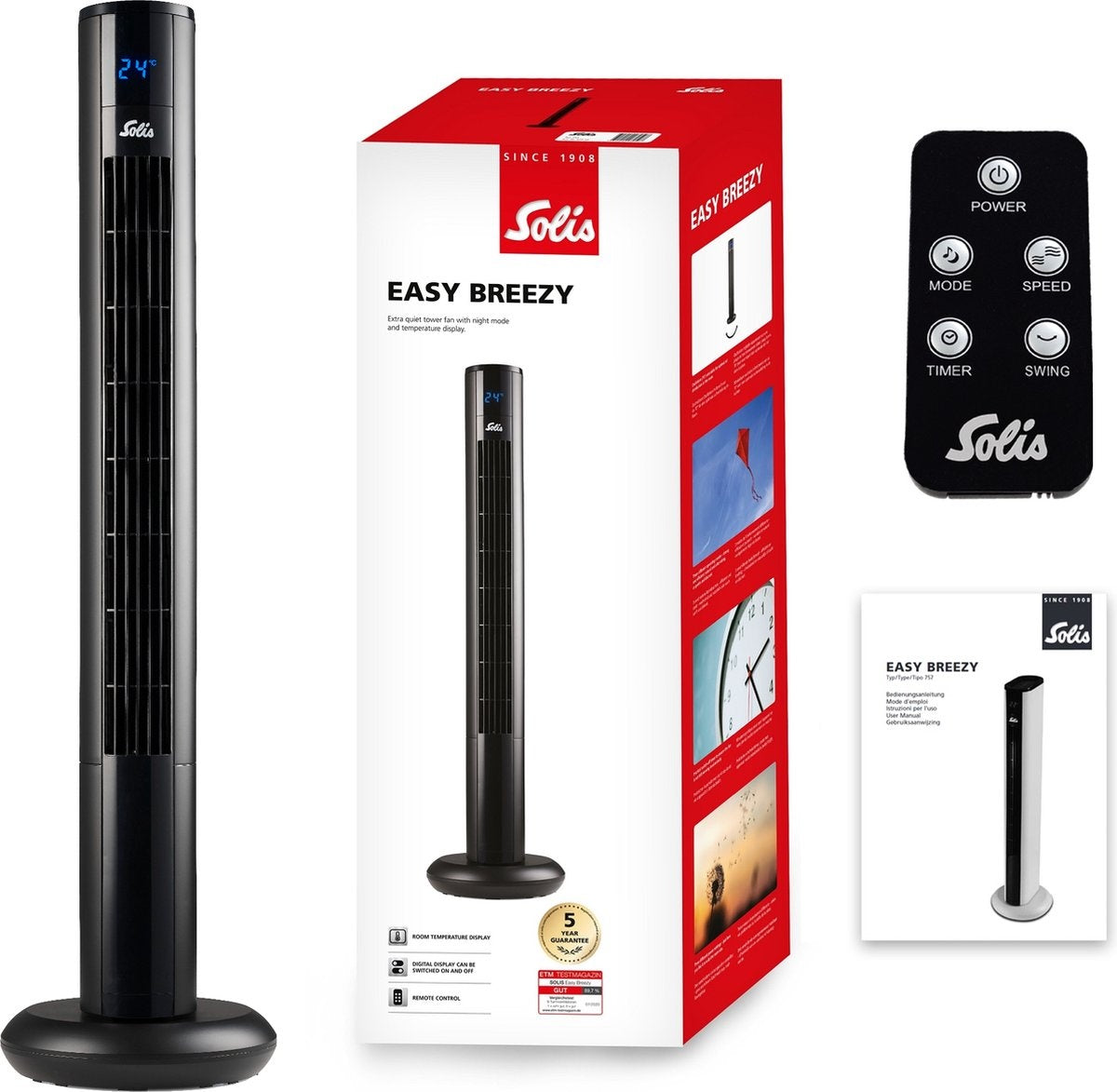 Solis Easy Breezy 757 Turmventilator - Ferngesteuerter Standventilator - Timerfunktion - 44,8 dB - 91 cm hoch - Schwarz