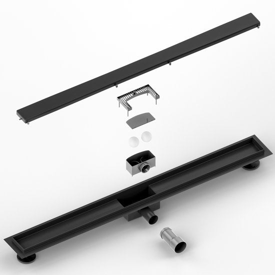 Duschrinne – 90 cm – Mattschwarz – Fliesengitter – Edelstahl – Mit Flansch
