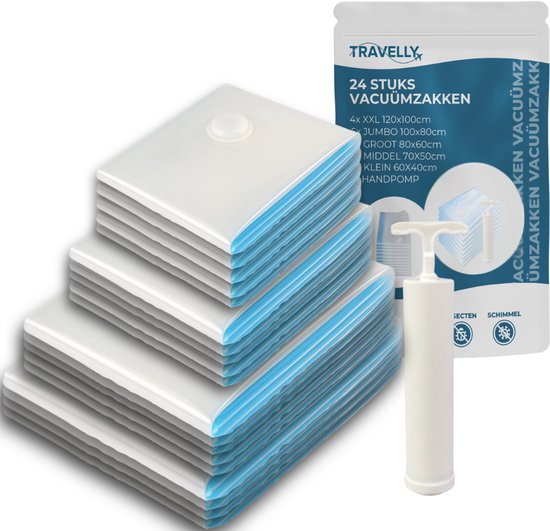 Travelly® Vakuumbeutel & Reisebeutel Set - Aufbewahrung von Kleidung & Reisen - Luftdicht - Inklusive Pumpe - Wiederverwendbar - Platzsparend - Set mit 24 Stück - Transparent