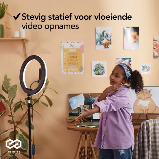 Infinity Goods Ringlicht mit Stativ - LED - 3 Farben - Verstellbares Stativ bis zu 186m - Inklusive Stecker - Selfie Ringlicht für Tiktok / Instagram / Youtube / Streaming / Arbeiten zu Hause - Schwarz
