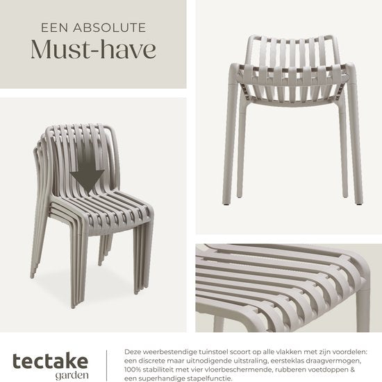 tectake® 2er Set Gartenstühle Alcudia - Taupe - Kunststoffstühle - Stapelbar - Stühle für Garten, Terrasse oder Balkon - Wetterfest und UV-beständig - Belastbarkeit 120kg pro Gartenstuhl
