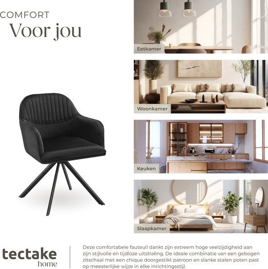 tectake® Velvet swivel chair - Bürostuhl - Esszimmerstuhl mit Armlehnen - Velvet office chair, kitchen chair, living room chair - 56 x 59 x 81 cm - Schwarz/Schwarz