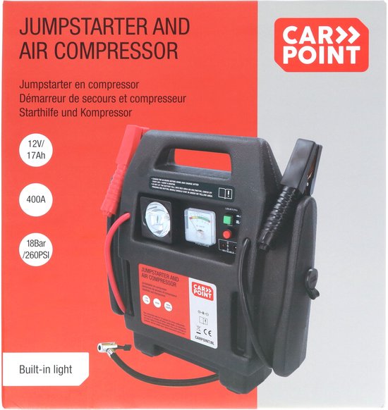 Carpoint Jumpstarter - 12 Volt - Mit Luftkompressor - Spitzenleistung 400A - Aufladen mit 230 Volt oder 12 Volt Adapter - Maximaler Kompressordruck 18 BAR/260 PSI - Eingebaute LED Beleuchtung - Abmessungen 365x345x175mm