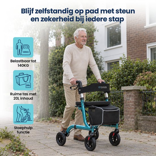 TrueSafe Rollator, leicht und zusammenklappbar (6,9 kg) – Für drinnen und draußen – Inkl. ergonomischem Sitzkissen, Beleuchtung, Rückenlehne, Gehstockhalterung und mehr – Blau