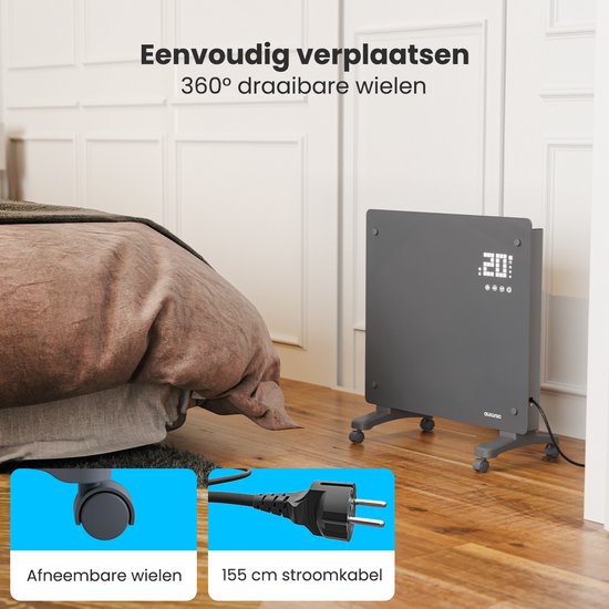 Auronic Electric Heater - Konvektor-Heizung mit Thermostat und Fernbedienung - Glasheizung - 1000W Heizung - Grau