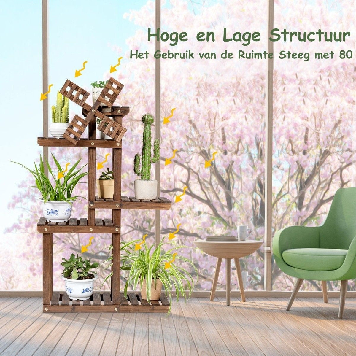 Coast 5-stufiges Pflanzenregal Blumenregal mit Windrad aus Holz 60 x 25 x 97 cm braun