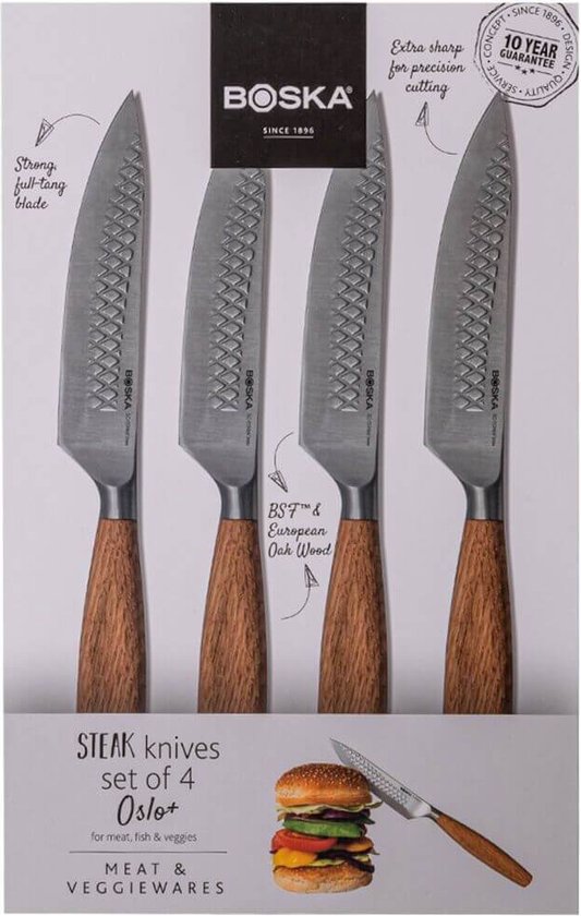 Boska Steakmesser / Steakmesser-Set Oslo+ - 4 Stück - Edelstahl - Für Fleisch und Gemüse - Antihaftbeschichtung - Europäisches Eichenholz