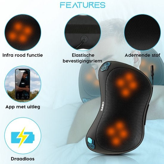 Sanbo Wireless Massage Cushion WL20 - Schwarz - Massagegeräte - Wärmefunktion mit Infrarot - Für Haus und Auto - Shiatsu - Fitness