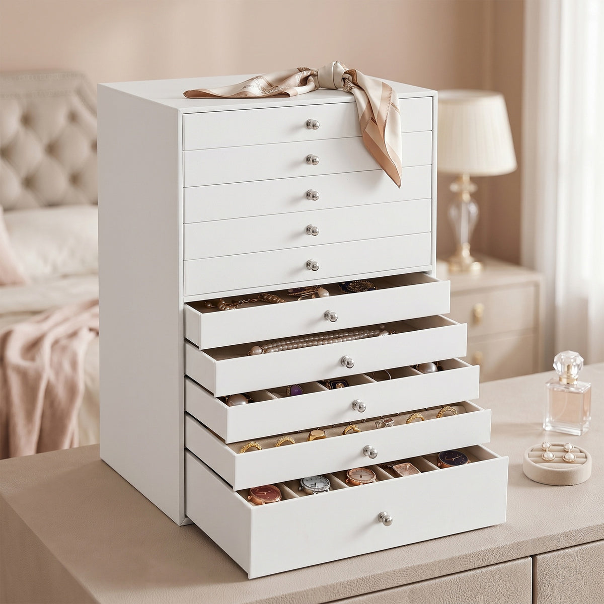 JOYFURNOS Schmuckorganizer mit Schubladen, große Aufbewahrungsbox, moderne Geschenkidee für das Schlafzimmer, 10 Ebenen, weiß