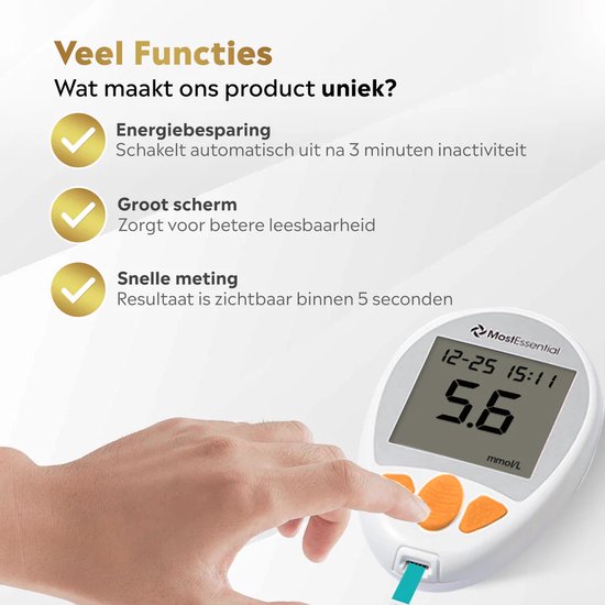 MostEssential Premium Blutzuckermessgerät Starter Pack - Blutzuckermessgerät - Diabetes Messgerät - Alles in einem Set - Inklusive Aufbewahrungsbeutel, Stechhilfe, 10 Teststreifen & 10 Lanzetten