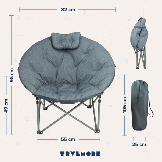 TRVLMORE Campingstuhl - XL - Zusammenklappbar - Inkl. Tragetasche - Campingstuhl - Schmetterlingsstuhl - 150 kg Belastbarkeit - Grau