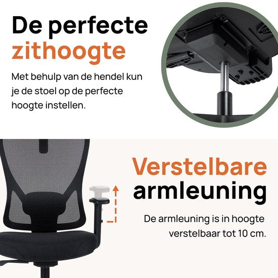 Novitaa Bürostuhl - Ergonomischer Bürostuhl - Bürostuhl - Erwachsene - Verstellbar - Kopfstütze - Schwarz