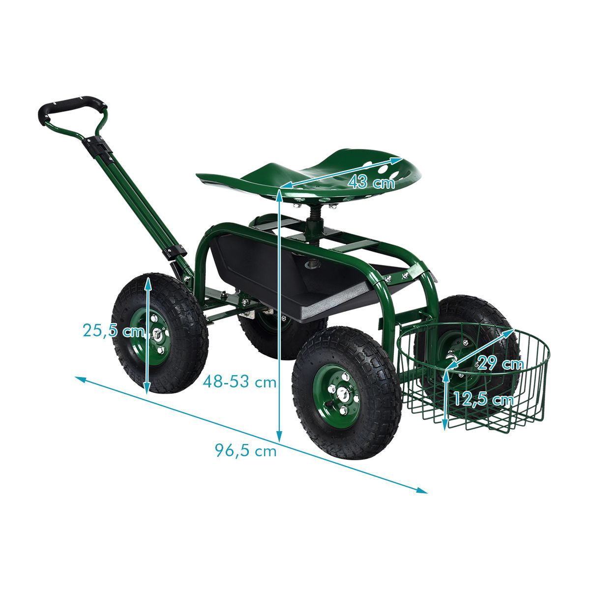 Coast Gartenwagen mit verstellbarem Griff – ergonomischer Sitz – Ablagekorb und Werkzeugkästen – grün