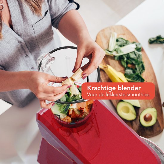 KitchenBrothers Küchenmaschine - 6-in-1 Küchenroboter - 1500W - mit Fleischwolf, Mixer und 15 Zubehörteilen - 6,2L Schüssel aus Edelstahl - Rot