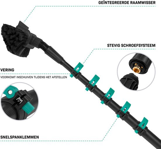 VONROC 3K Vollkohle-Teleskop-Waschbürste - 7,5 Meter - Inkl. 5-stufigem Bürstenkopf - 11m Wasserschlauch und Seifenspender