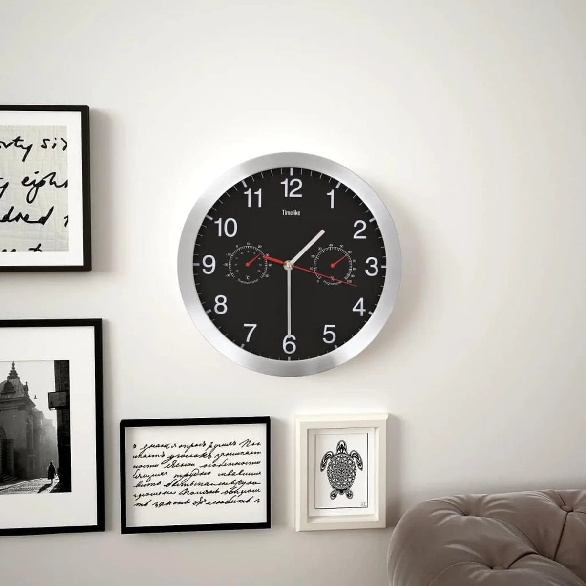 VidaXL Wanduhr Ø 30 cm mit Thermometer und Hygrometer – Präzises Quarzwerk – Aluminium, schwarz
