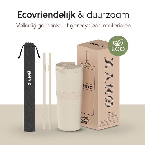 ONYX Trinkflasche mit Strohhalm 700ML - Wasserflasche für Kinder & Erwachsene - Thermosbecher Reisebecher - Motivationstrinker - Trinkbecher für die Schule - Beige