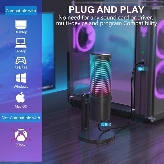 Fuegobird SP12 RGB Gaming-Mikrofon - Streaming-Mikrofon - für PC und Gaming-Mikrofon - Nierencharakteristik - Kondensatormikrofon - mit Ständer - integrierter Pop-Filter - Grau