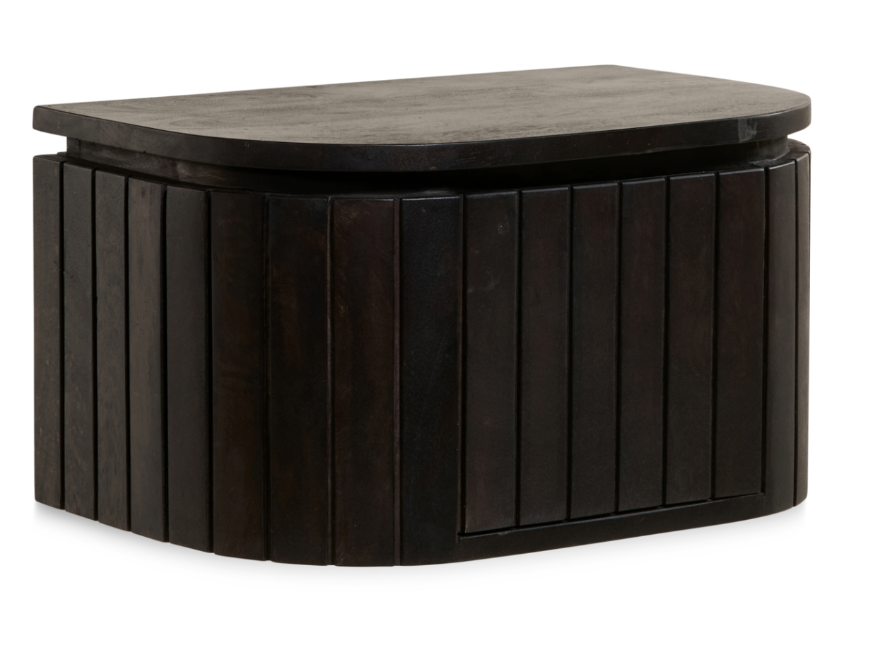 Multifurn Hängender Nachttisch Mokka – 45 x 30 x 25 cm – Dunkelbraunes Mangoholz mit Latten-Design und runder Form – 1 Stück