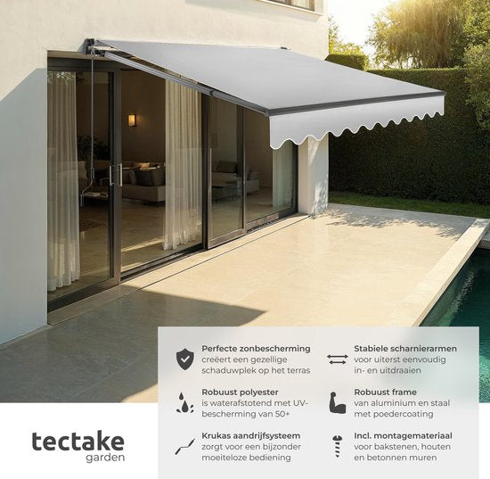 tectake® Sonnenschirm mit Gelenkarm - 250 x 200 cm - Markise - Sonnenschutz für Fenster, Balkon, Außenbereich - Wandmontage - Wasser- und UV-beständig - Hellgrau