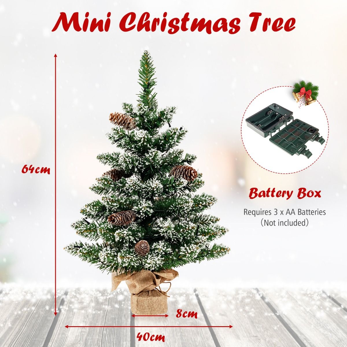 Coast Künstlicher Weihnachtsbaum Tischplatte 64 cm Grün - Mini-Weihnachtsbaum mit Schnee - 50 LED-Lichter - 8 Lichtstufen