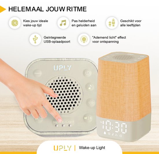 UPLY Wake up light - Mit USB-Ladestation - Mit 30 Tönen - Wecker mit Licht - Weißes Rauschen - Digitaler Wecker