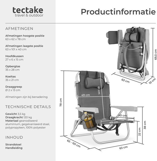 tectake® Beach Chair Coral - faltbarer Campingstuhl mit Kühltasche und Aufbewahrungstasche - 5-fach verstellbare Rückenlehne mit Kopfkissen - breite Armlehnen mit Becherhalter / Telefonhalter - faltbarer Campingstuhl - Grau