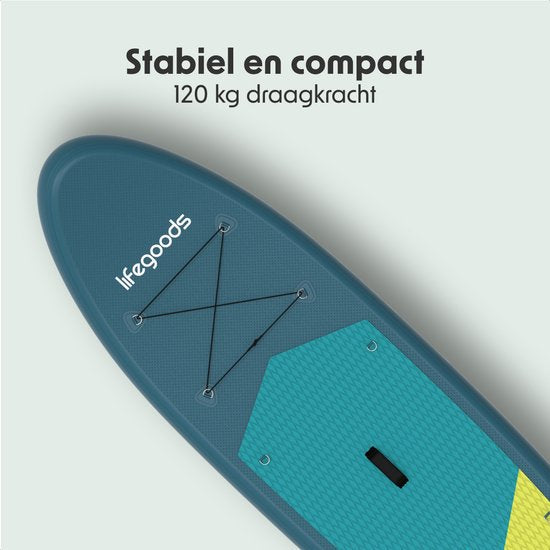 LifeGoods SUP Board All-round Compact - mit Sitz - 100 KG Tragfähigkeit - 300 x 76 cm - Aufblasbar - Komplettes SUP Paket - Cyan/Dunkelgrün
