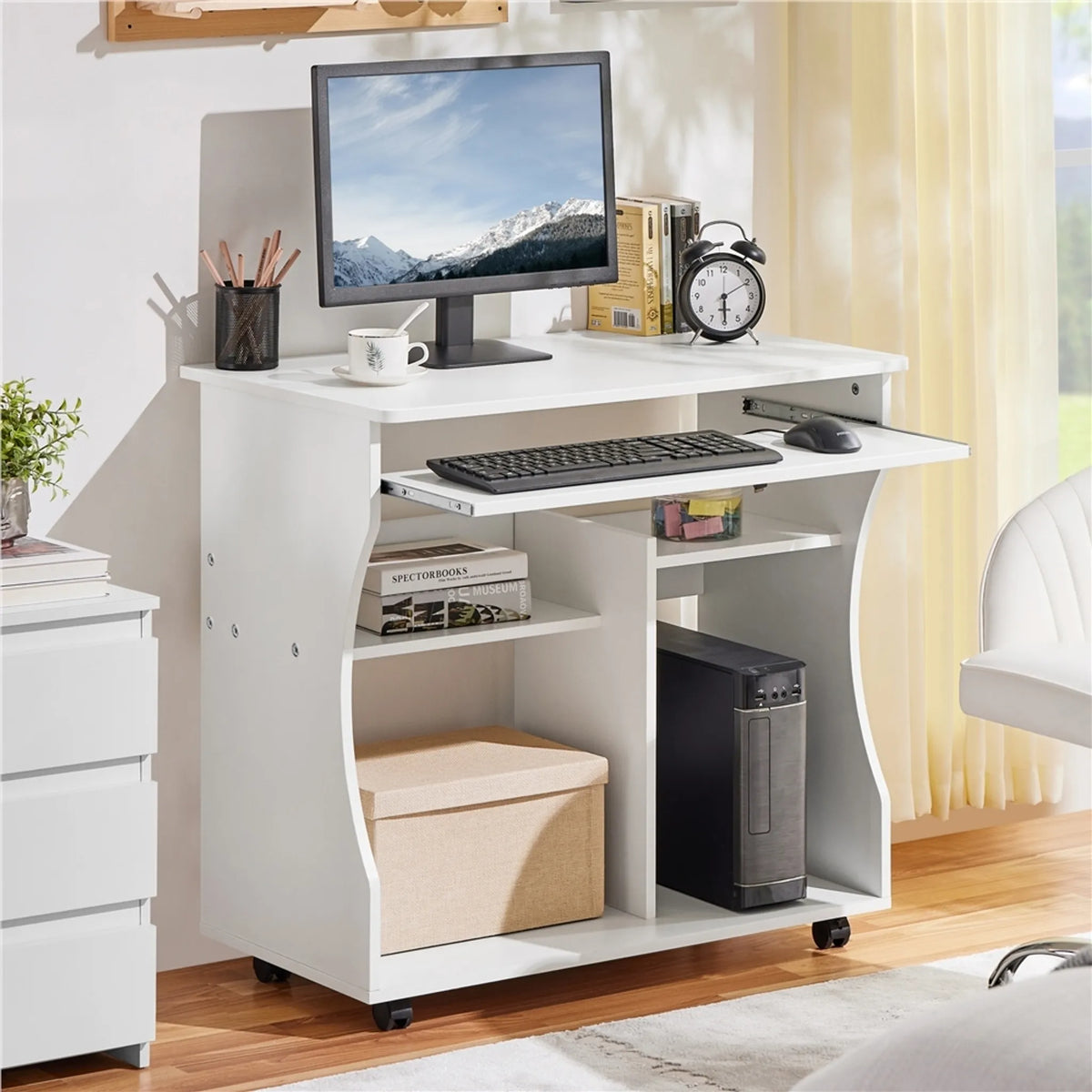 Yaheetech Computertisch auf Rädern - Mit ausziehbarer Tastaturschublade und zwei Ablagefächern und Bremsfunktion - Für Heimbüro und Schlafzimmer - Weißes Mdf und Metall - 80 x 48 x 76 cm