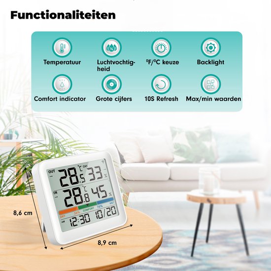 Iqonic Funk-Wetterstation - Innen- und Außenbereich - batteriebetrieben - Luftfeuchtigkeitsmesser - mit Außensensor - weiß