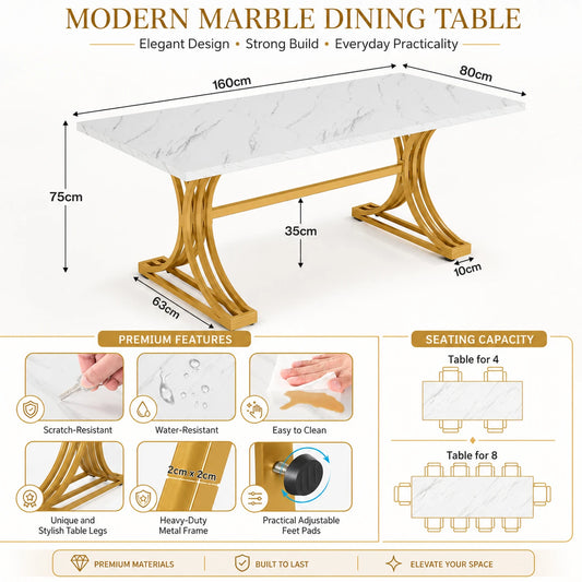 Lantine-Konferenztisch 160 x 80 cm – Für 4–6 Personen – Weißer Kunstmarmor und Gold – Moderne Metallbeine