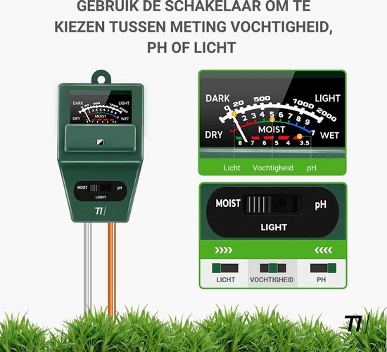 TIKKENS® Bodenfeuchtemessgerät Pflanzen - Pflanzenfeuchtemessgerät - pH- und Lichtmessgerät - 3 in 1 - Blumen/Pflanzen - Garten-Bodentests - Feuchtemessgeräte