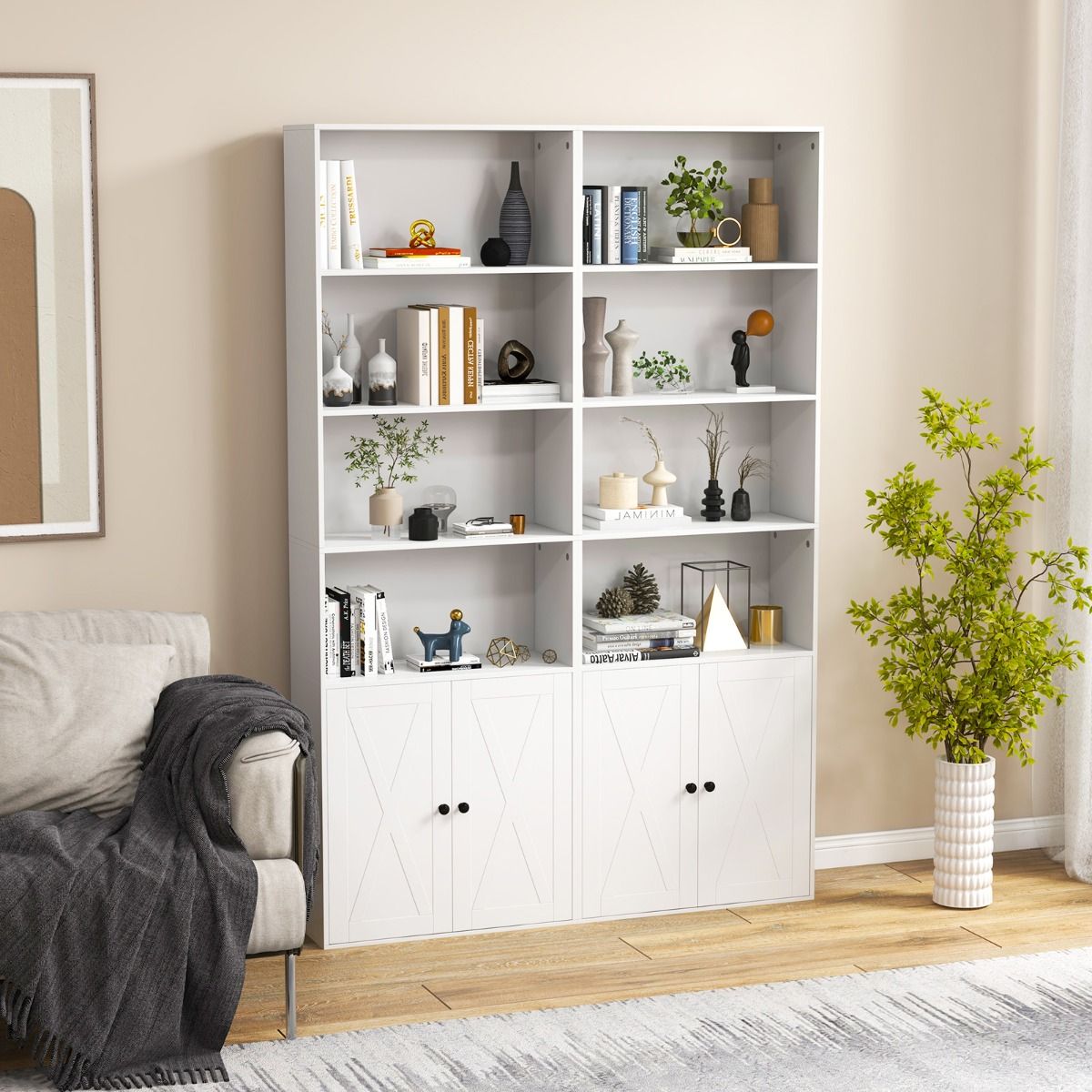 Coast Freistehendes Bücherregal - 6 Fachböden - 2 Türen - 60 x 24 x 180 cm - Weiß