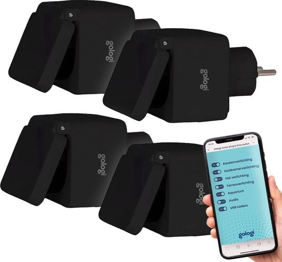 Gologi Smart plug outdoor 4 pcs - Smart plug - IP44 - Zeitschaltuhr & Energiezähler - WIFI - Google Home & Amazon Alexa - Schwarz